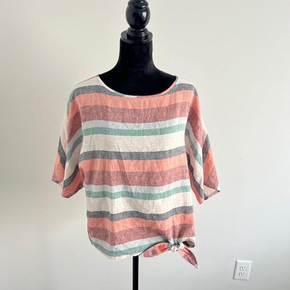 Striped Coastal Luxury Elbow Sleeve Tie Front Linen Cotton Blend Blouse Size XS